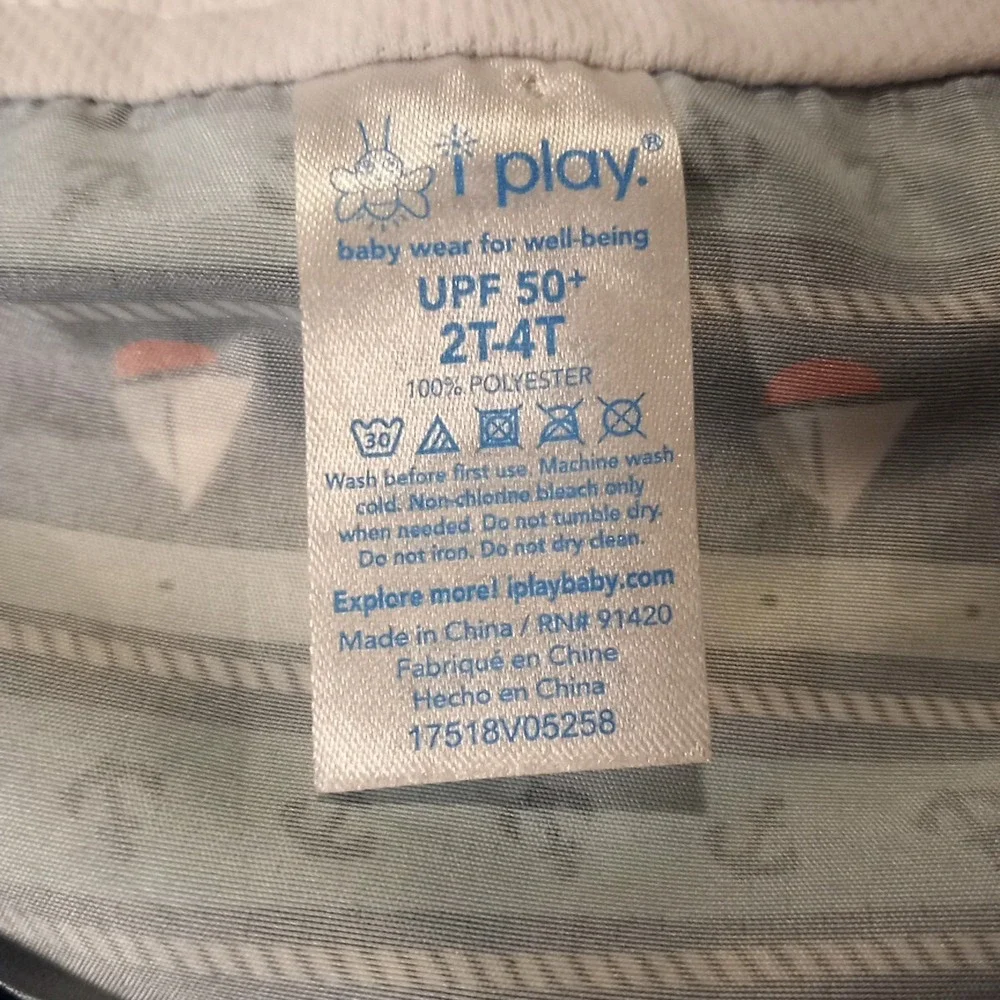 i Play Toddler 2T-4T Blue Green Sun Hat UPF 50+ Neck Covering Comfort Neck Tie